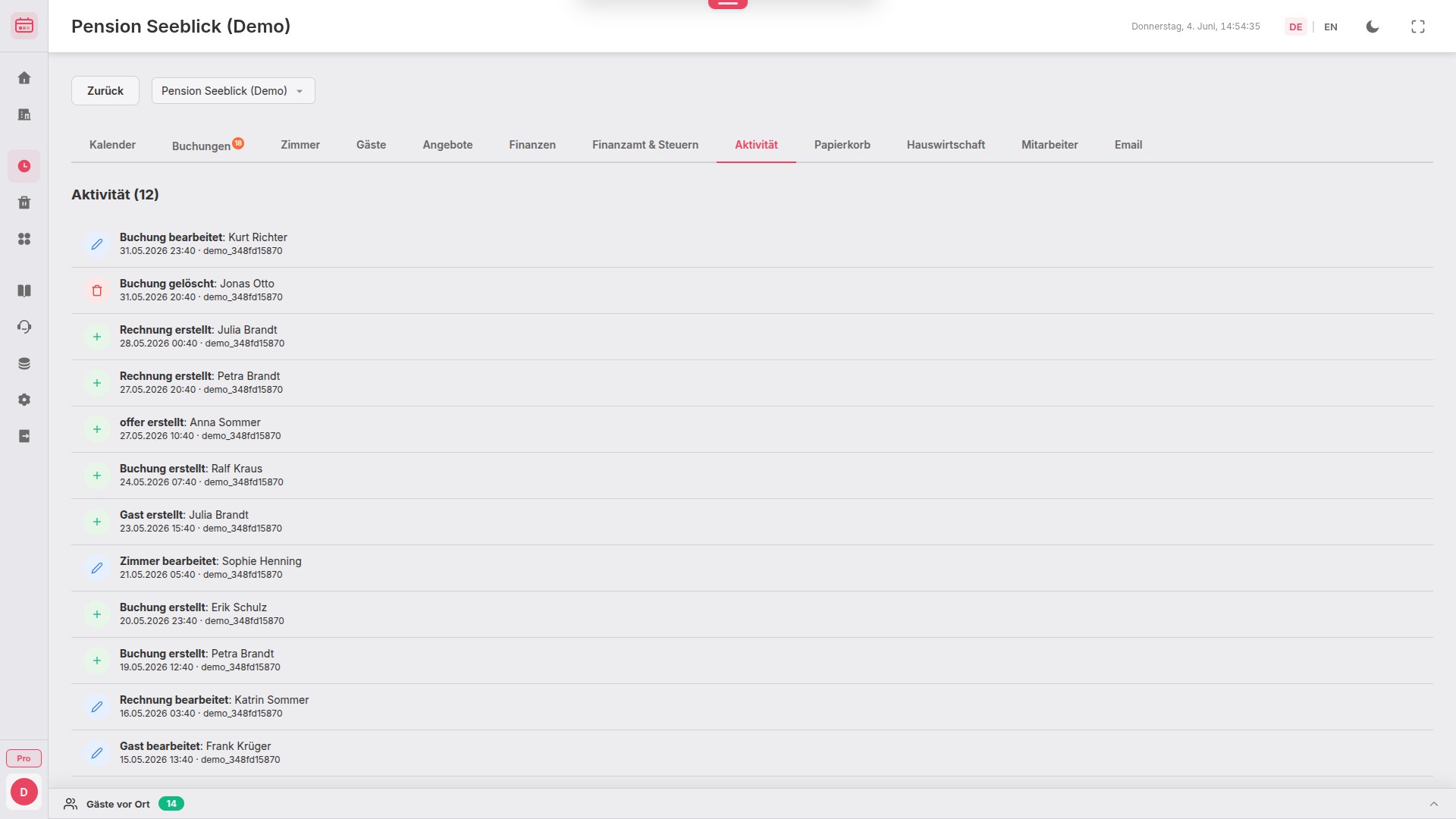 BookingTable Aktivitätsprotokoll mit Verlauf