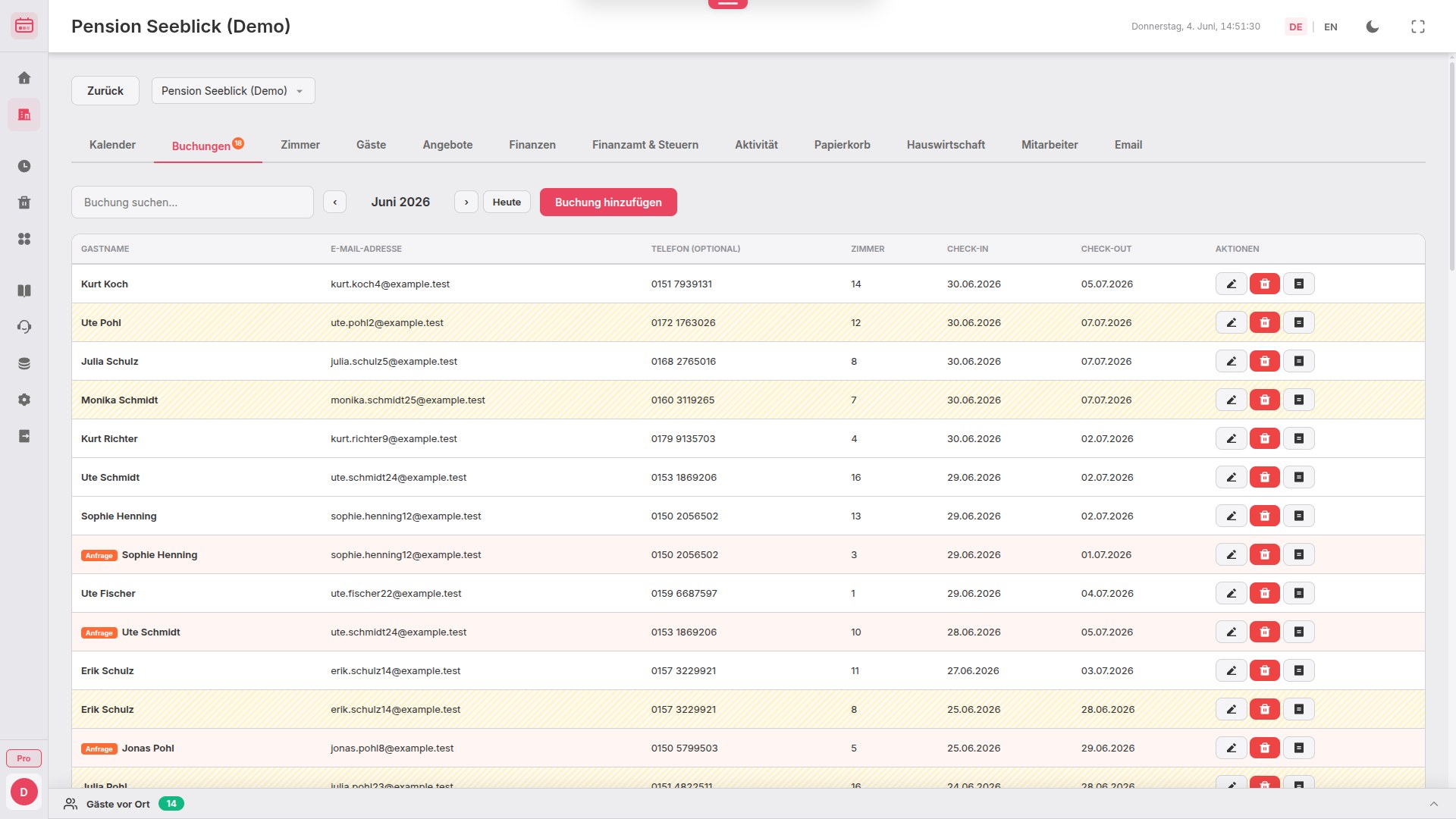 BookingTable Buchungstabelle mit Status und Zahlungen