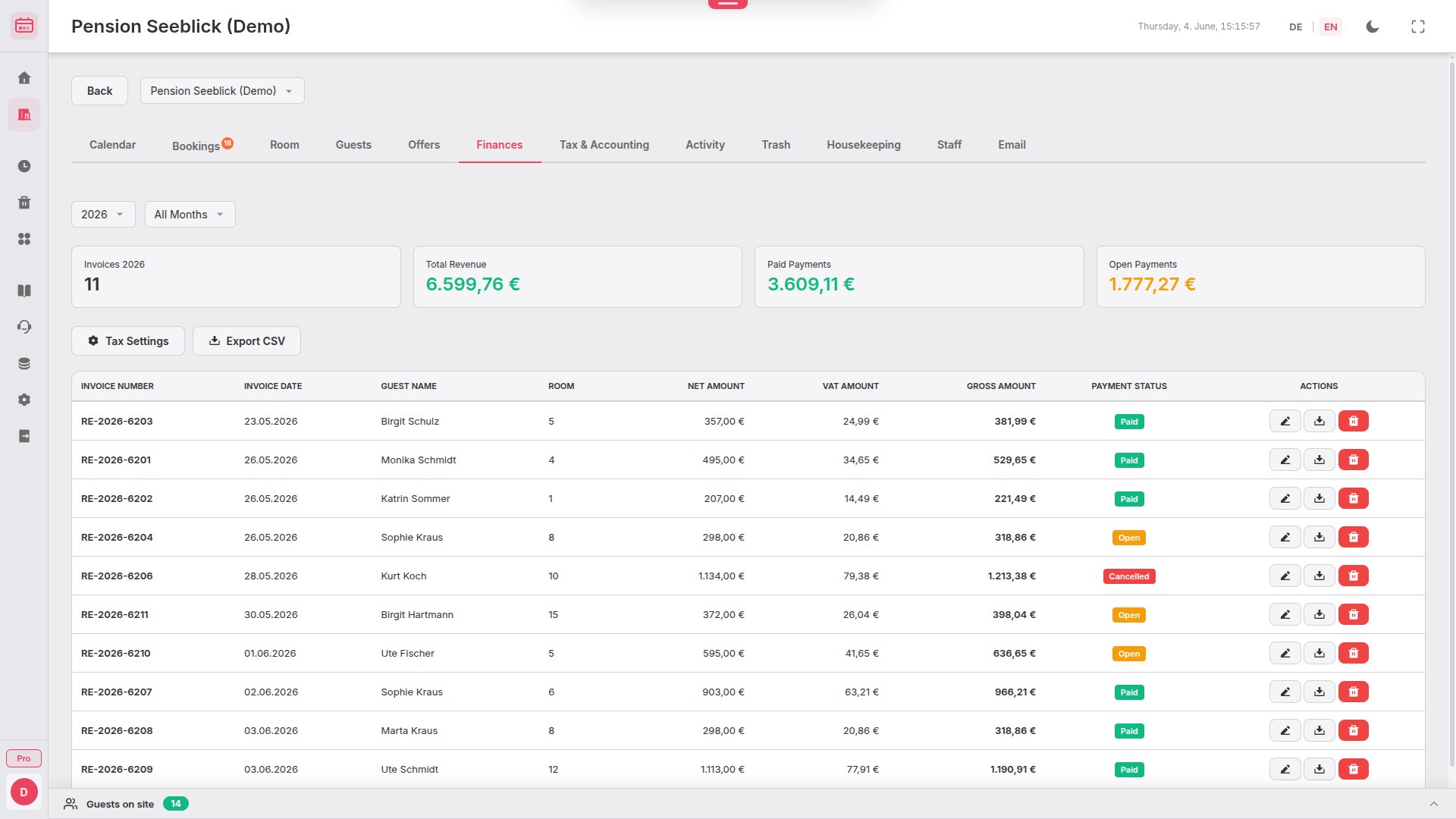 BookingTable finance overview with invoices