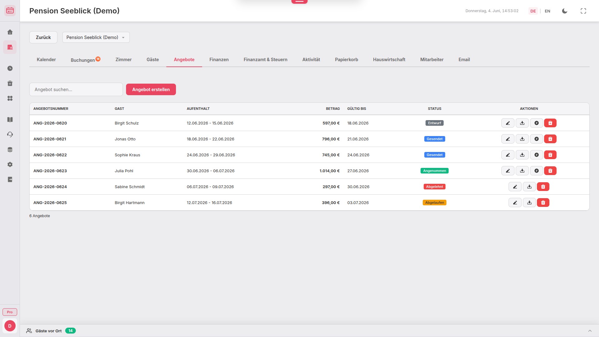 BookingTable Angebotsverwaltung mit Status