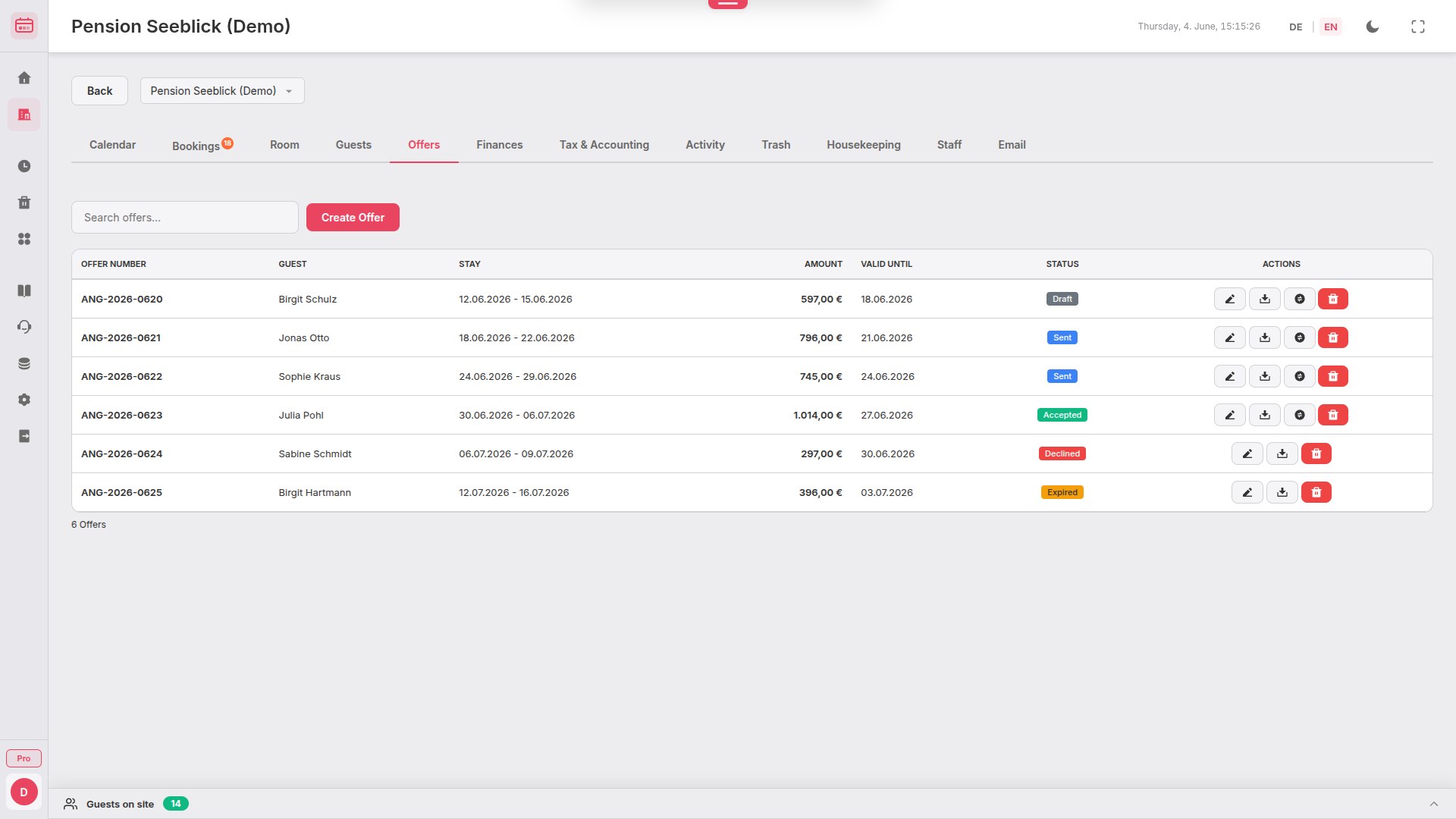 BookingTable offer management with status