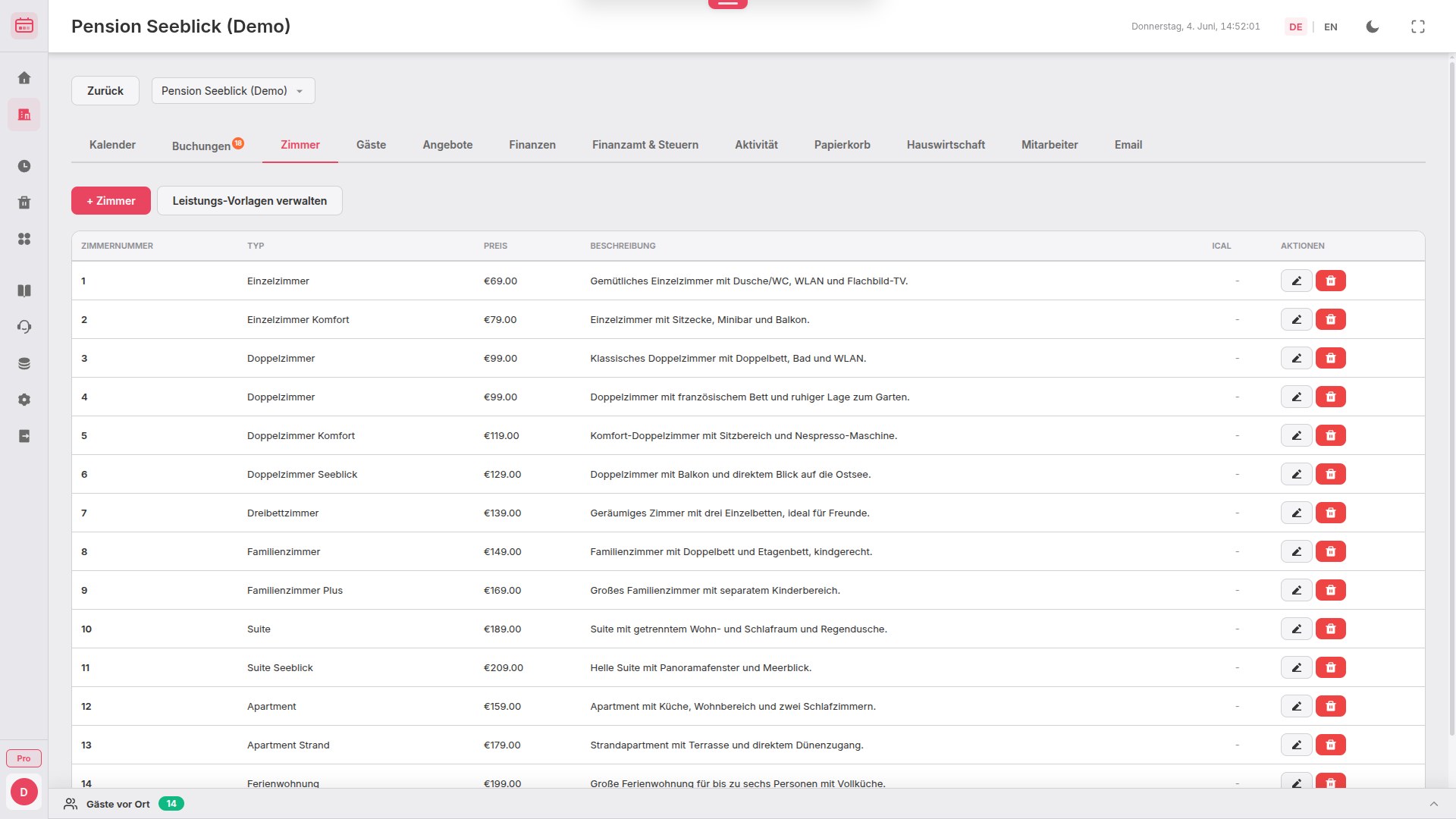 BookingTable Einheitenverwaltung mit Typen und Preisen