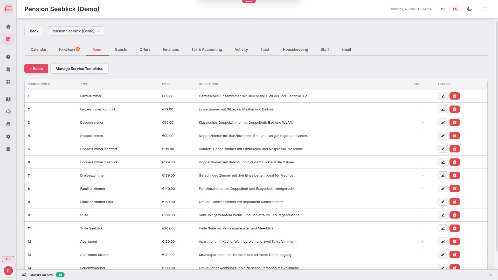 BookingTable unit management with types and prices
