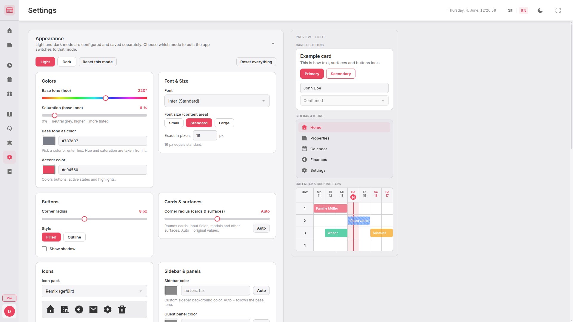 BookingTable settings with appearance editor and icon packs