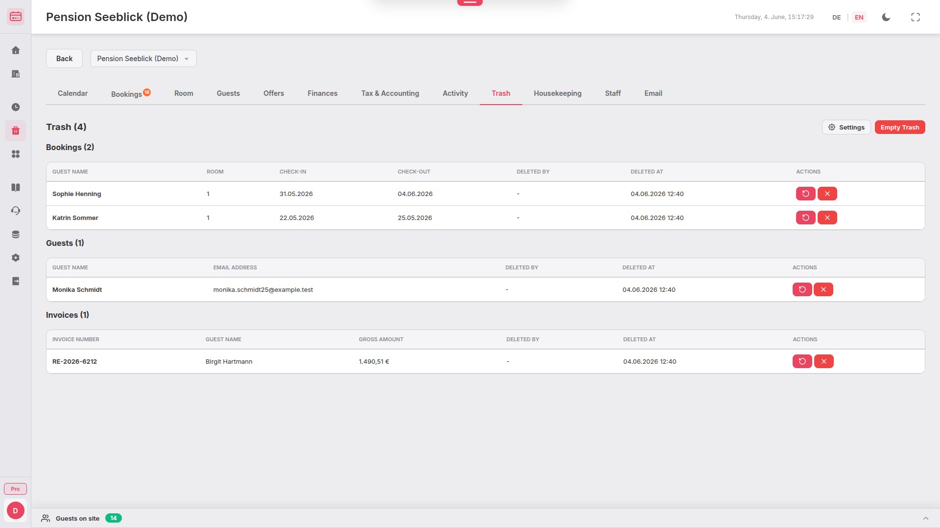 BookingTable recycle bin with restore option