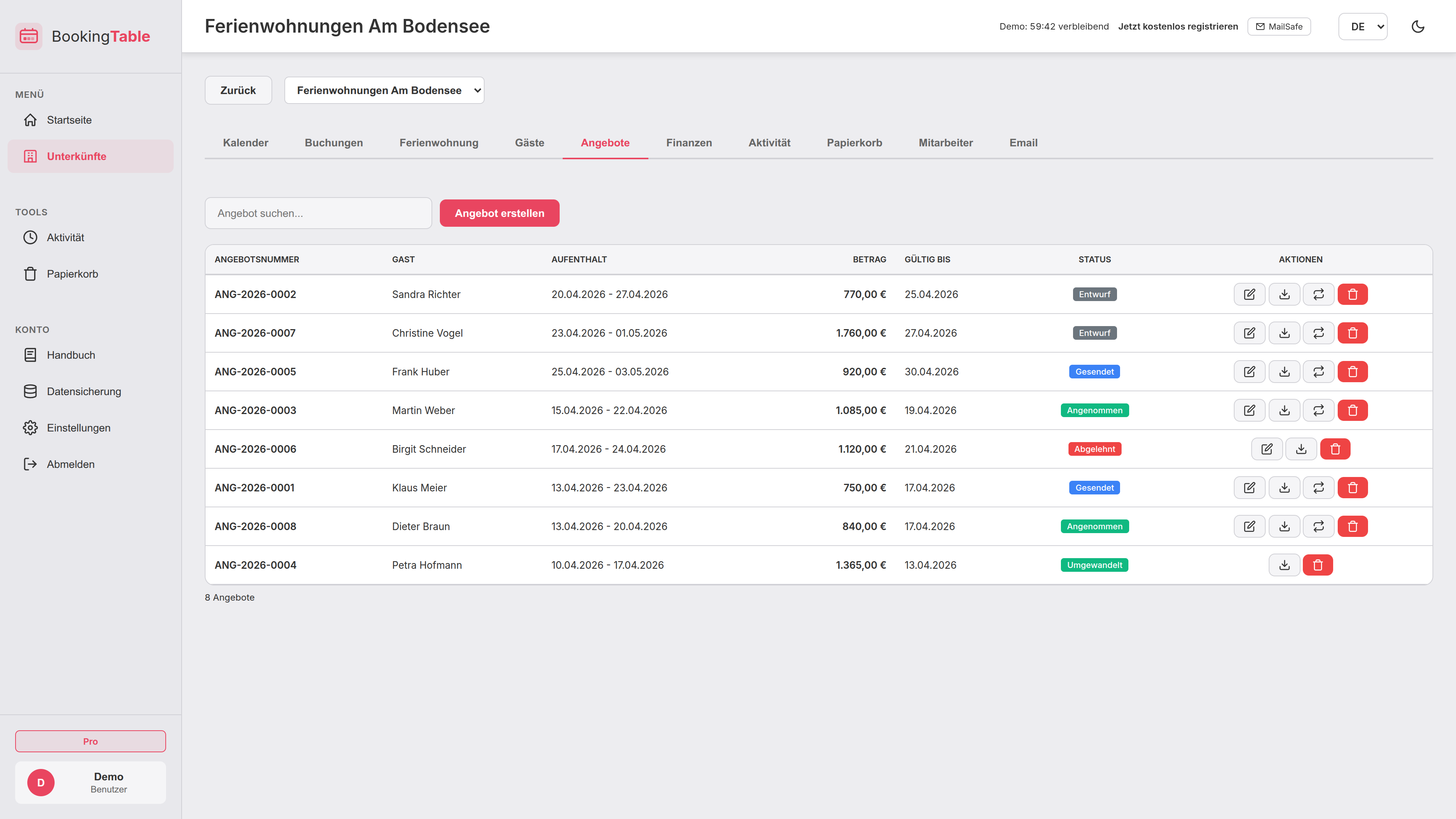 BookingTable Angebotsverwaltung mit Status