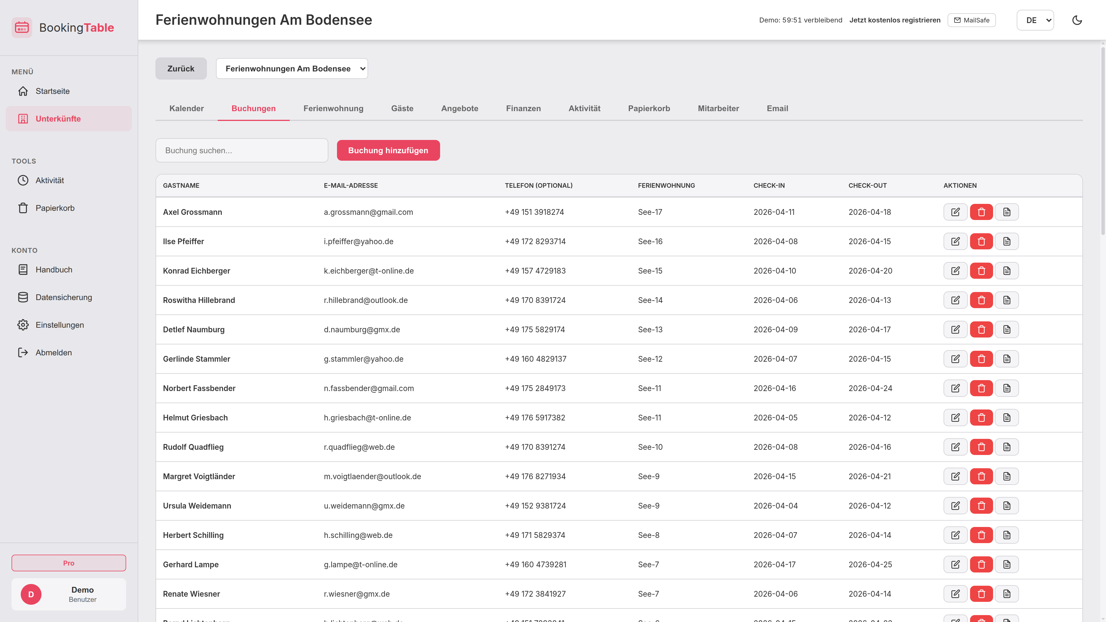 BookingTable Buchungstabelle mit Status und Zahlungen