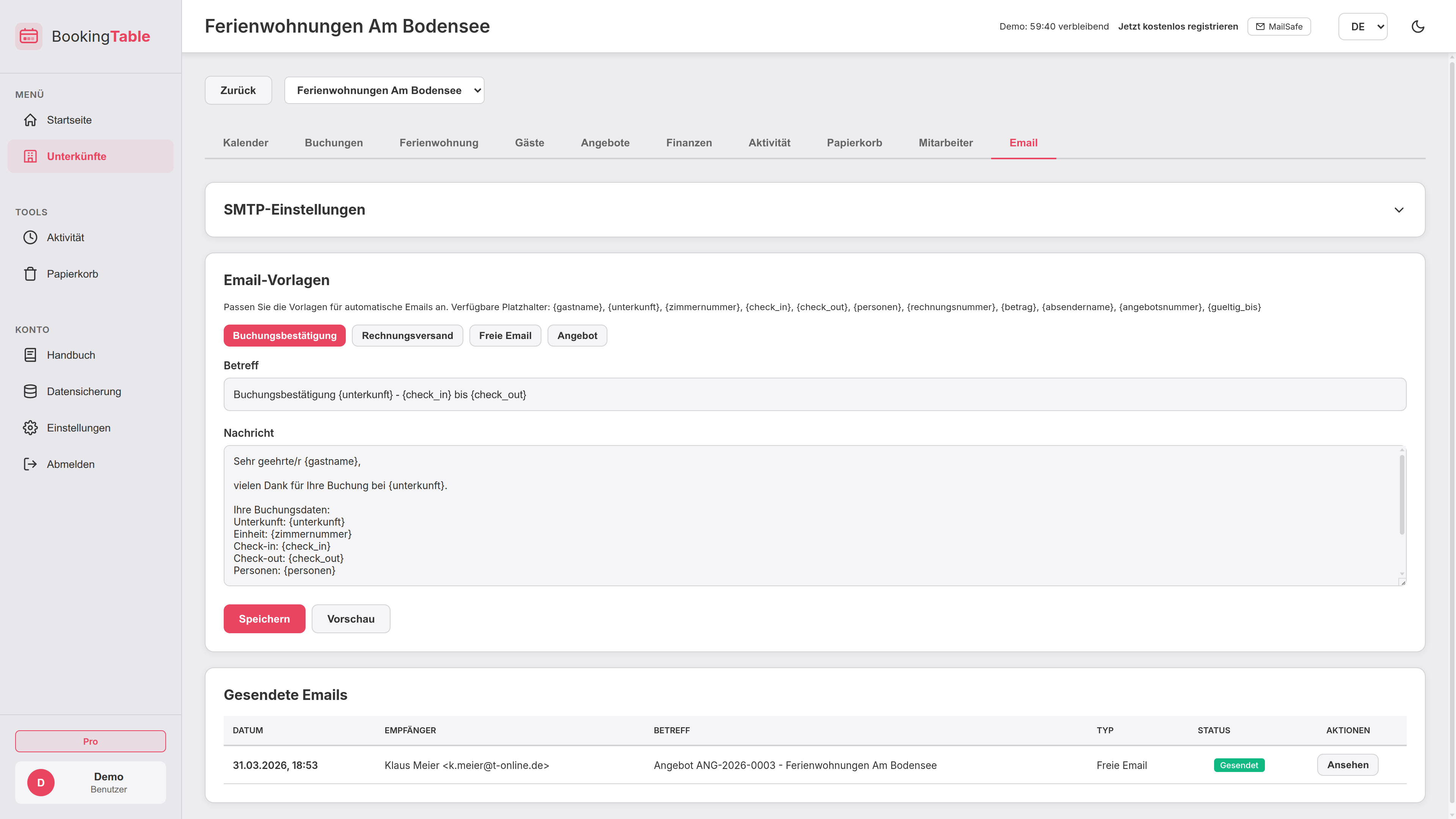 BookingTable Email-Versand mit Vorlagen
