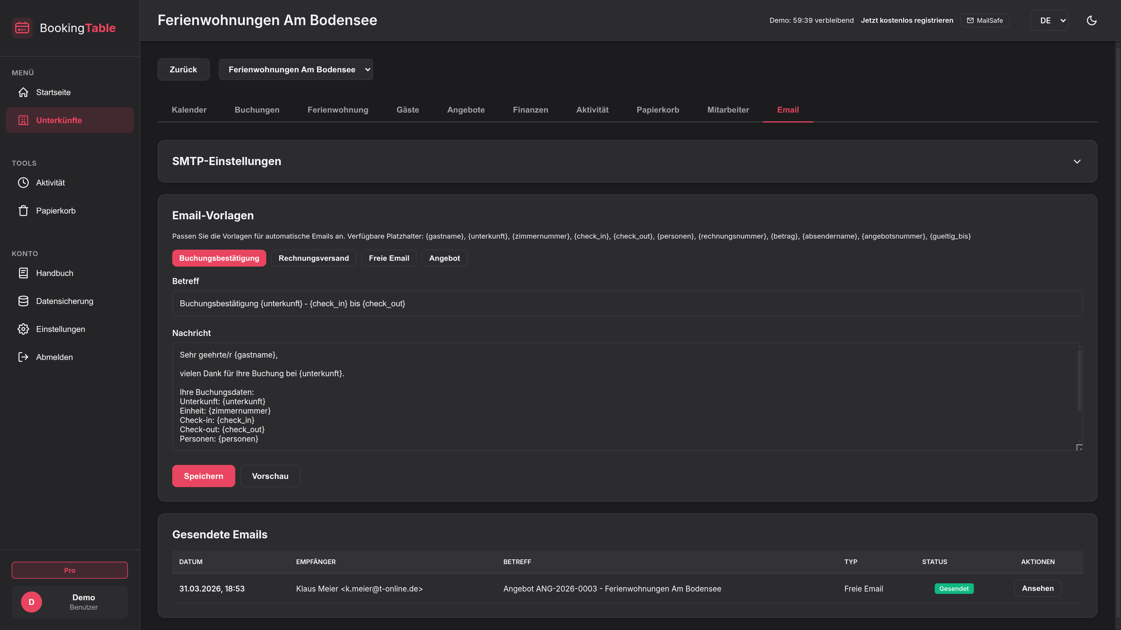 BookingTable Email-Versand mit Vorlagen