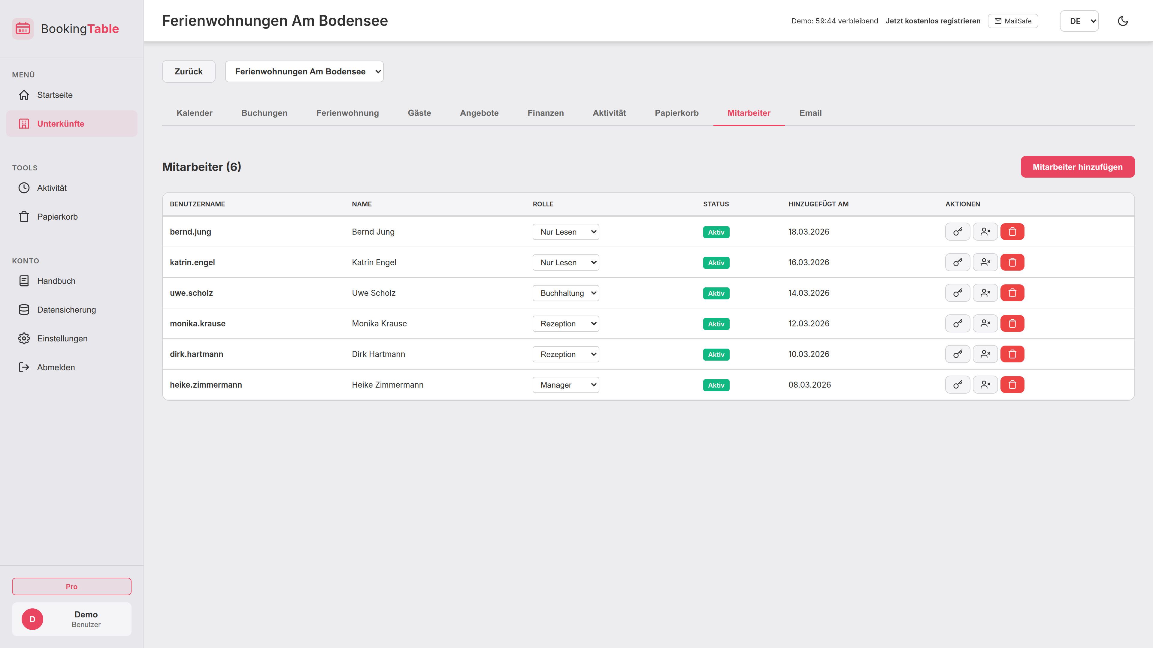BookingTable Mitarbeiterverwaltung mit Rollen